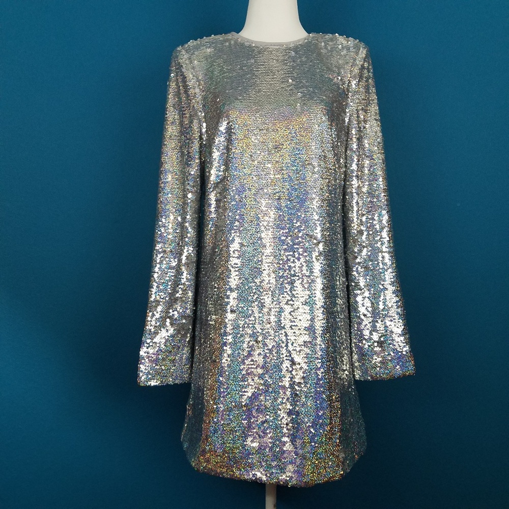 🆕️🎵 ASOS 1960s Style Retro Silver Sequin Mini Dress w/ Long Sleeves // (NWT)